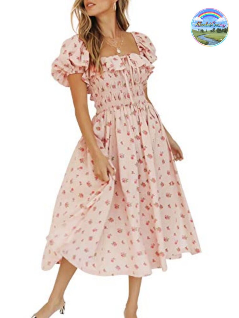 R.Vivimos Women's Summer Floral Print Puff Sleeve Midi Dress